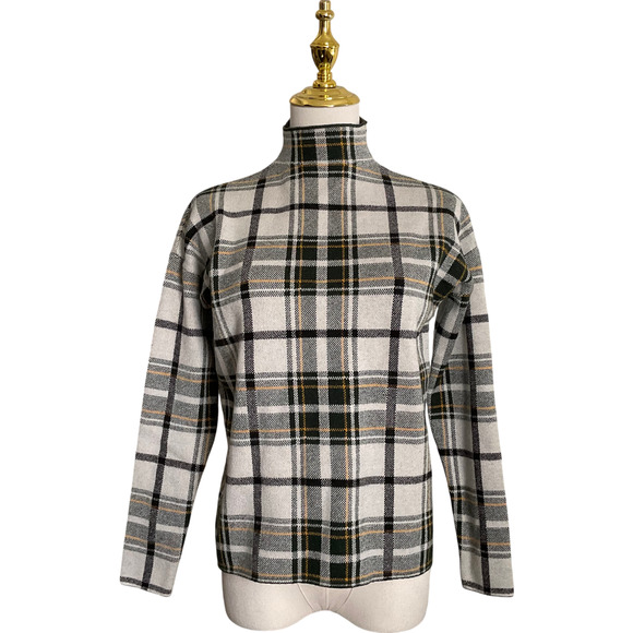 Tahari Women's Small Plaid Black Cream Tan Sweater Mock Neck Long Sleeve 75343 - Picture 1 of 7